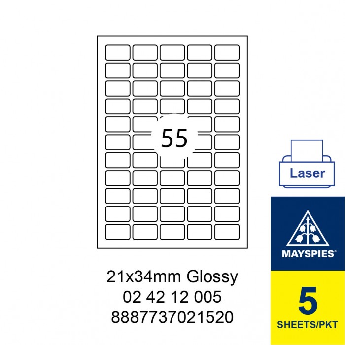 MAYSPIES 02 42 12 005 PREMIUM COLOR LASER LABEL / 5 SHEETS/PKT WHITE GLOSSY 21X34MM
